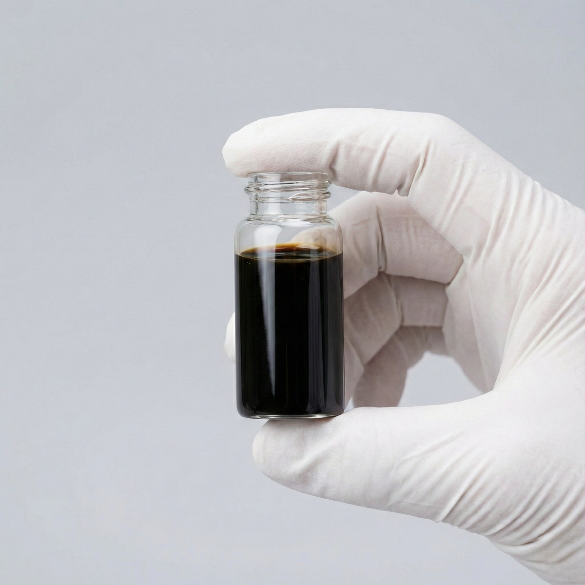 A hand with white glove holding a small vial of liquid shilajit